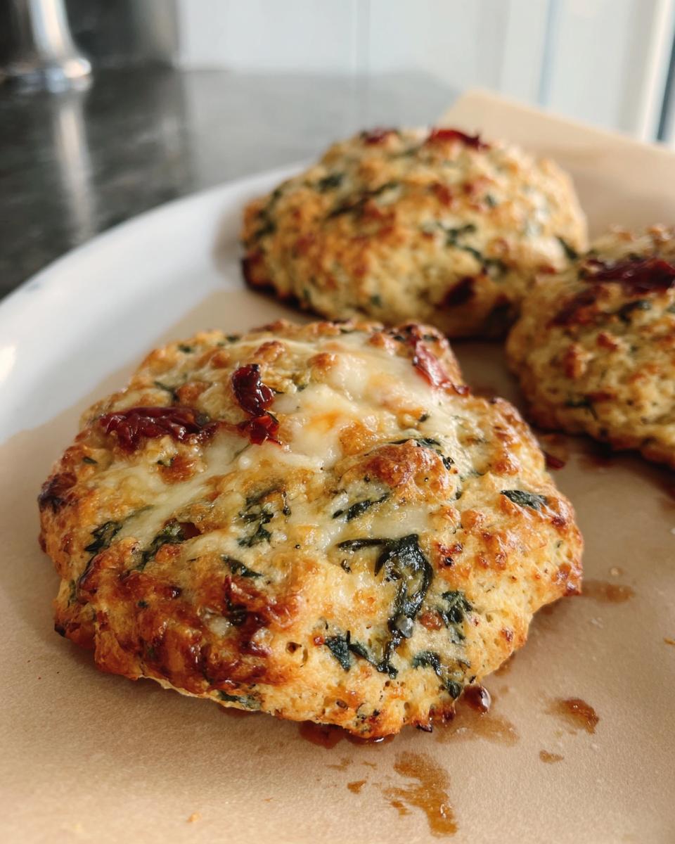 Close-up of three golden-brown High Protein Breakfast Biscuits topped with melted cheese, spinach, and sun-dried tomatoes.