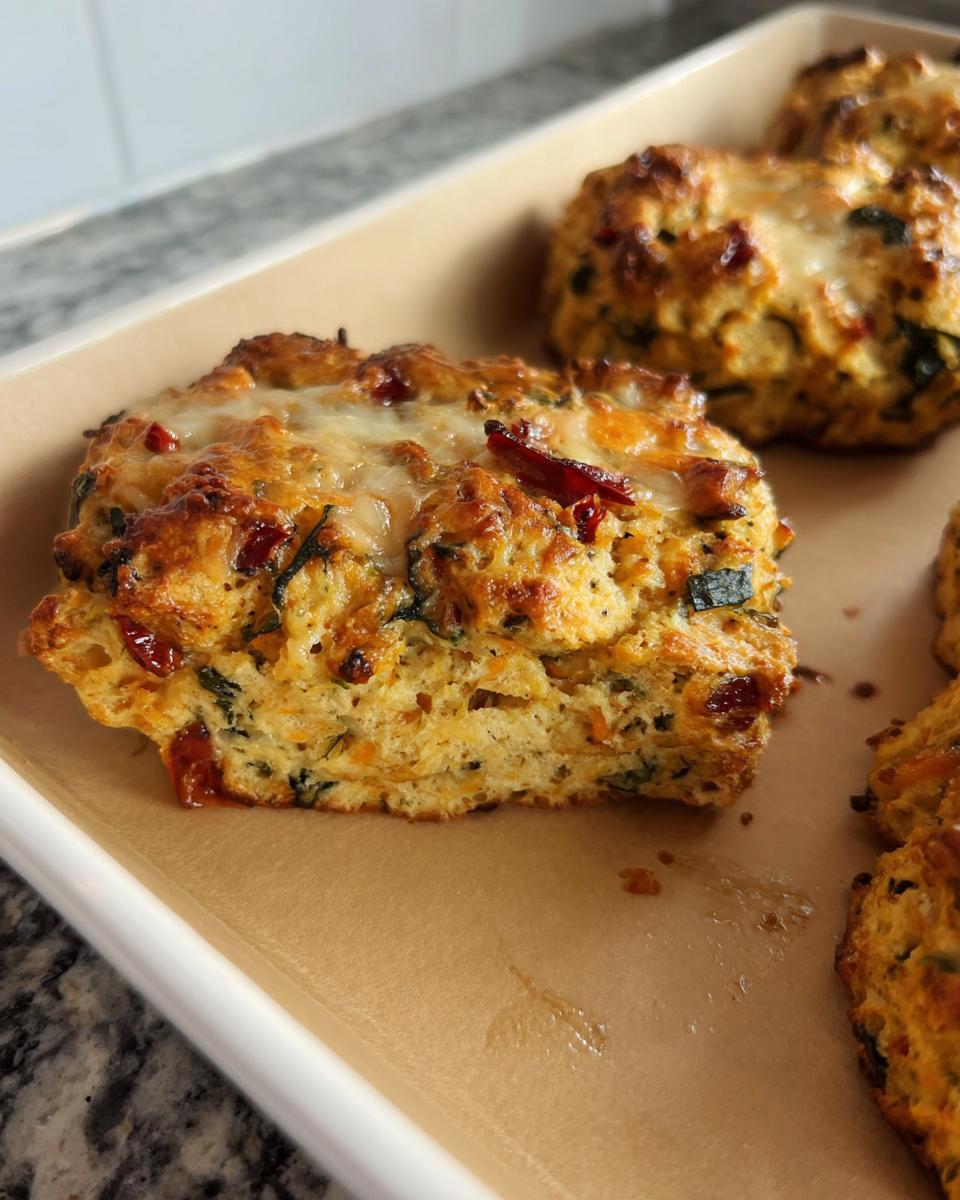Close-up of a savory High Protein Breakfast Biscuit, topped with melted cheese and visible herbs and sun-dried tomatoes.