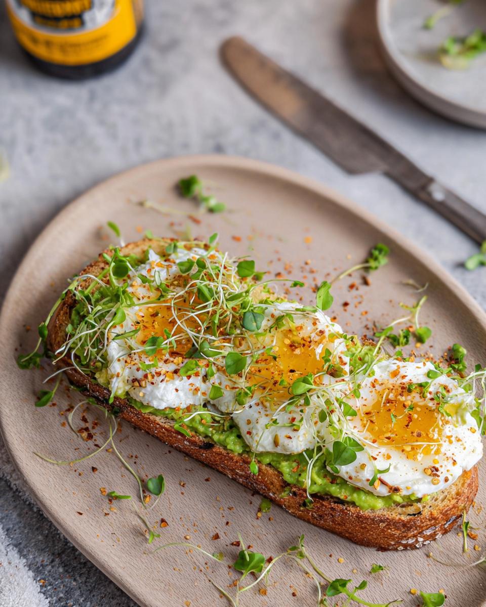 A slice of toast topped with mashed avocado, three perfectly cooked eggs, and fresh sprouts, a delicious high-protein breakfast.