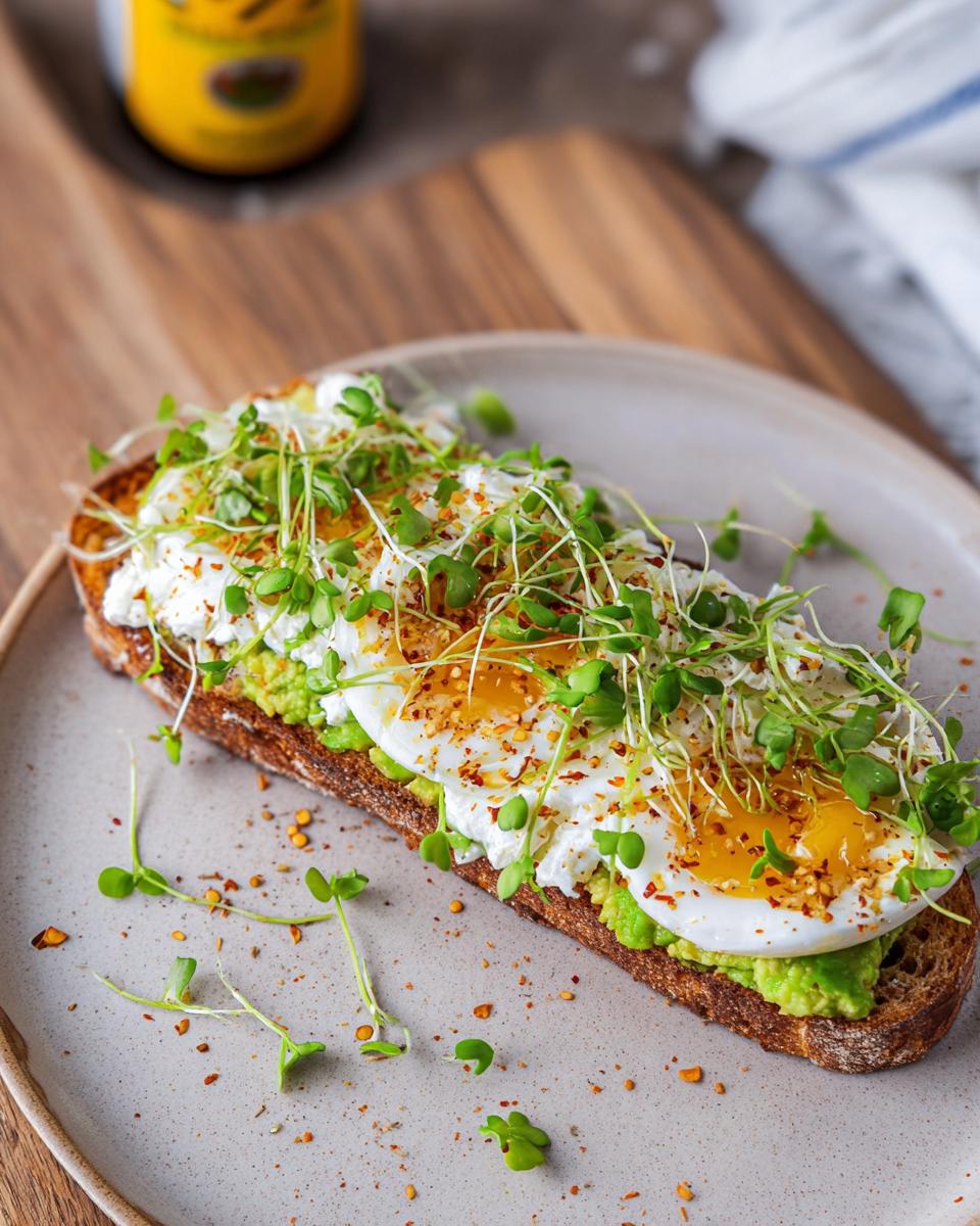 A slice of whole-wheat toast topped with mashed avocado, cottage cheese, a fried egg, and microgreens. This is a High-Protein Breakfast.