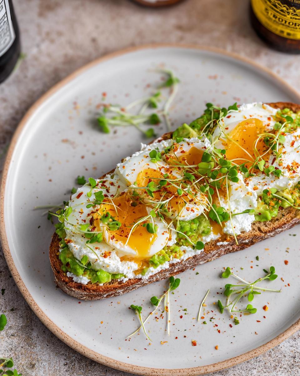 A slice of toast topped with mashed avocado, cottage cheese, poached eggs, and microgreens. A perfect High-Protein Breakfast.