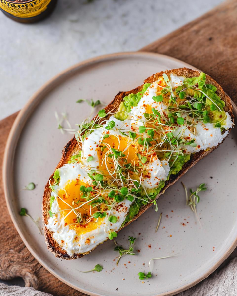 A slice of whole wheat toast topped with mashed avocado, poached eggs, and sprouts, a perfect high-protein breakfast.