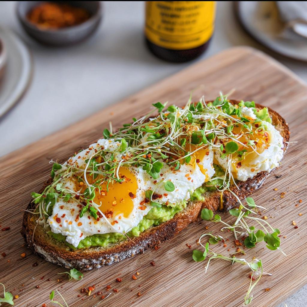 A delicious high-protein breakfast wrap topped with cottage cheese, avocado, and fried eggs, garnished with sprouts and chili flakes.