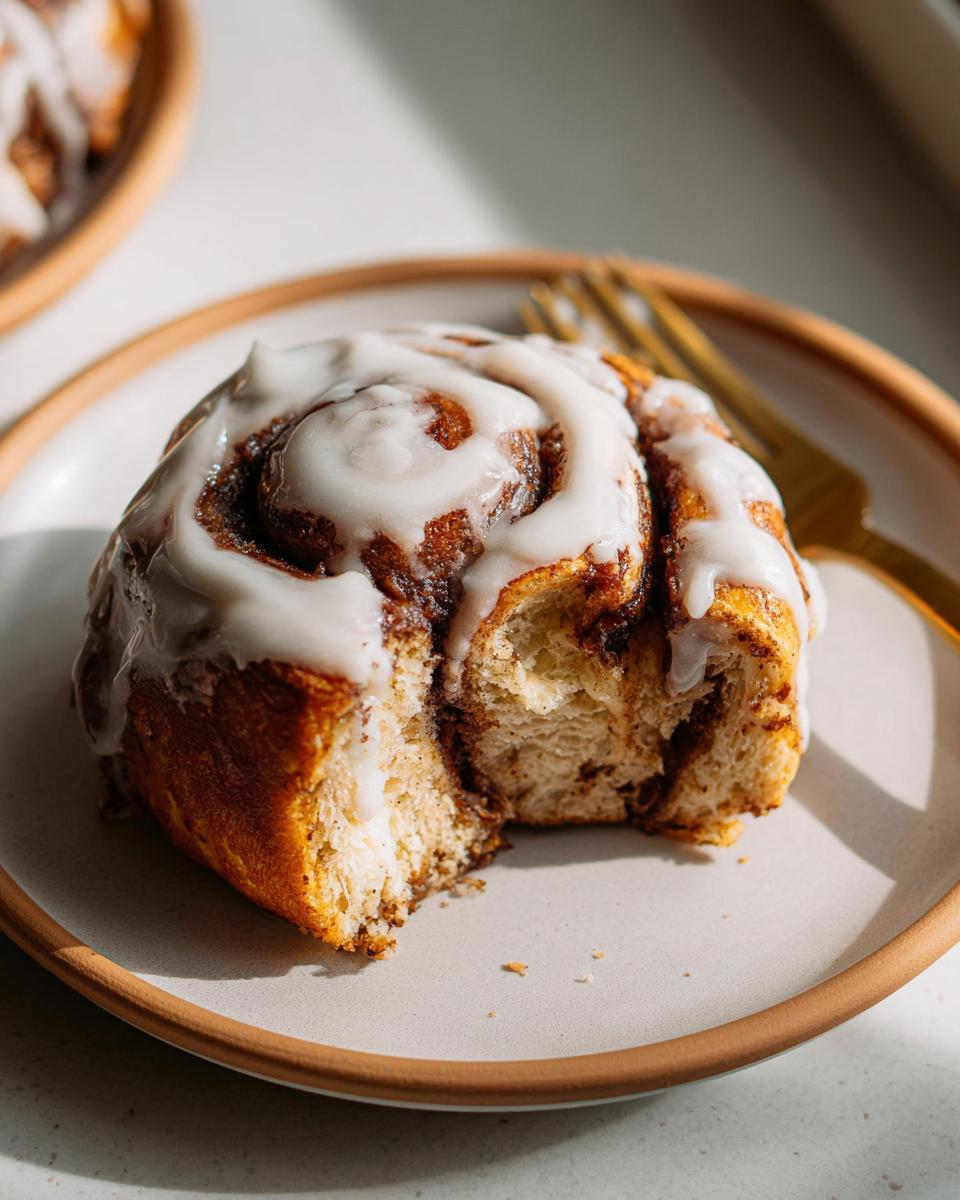 A slice of high-protein cinnamon roll bread made with cottage cheese, drizzled with white icing.
