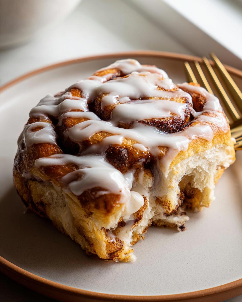 A bite taken out of a fluffy high-protein cinnamon roll bread, drizzled with white icing.