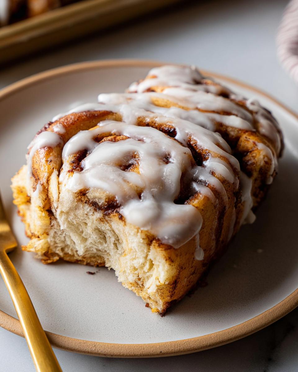 A slice of high-protein cinnamon roll bread made with cottage cheese, drizzled with white icing.