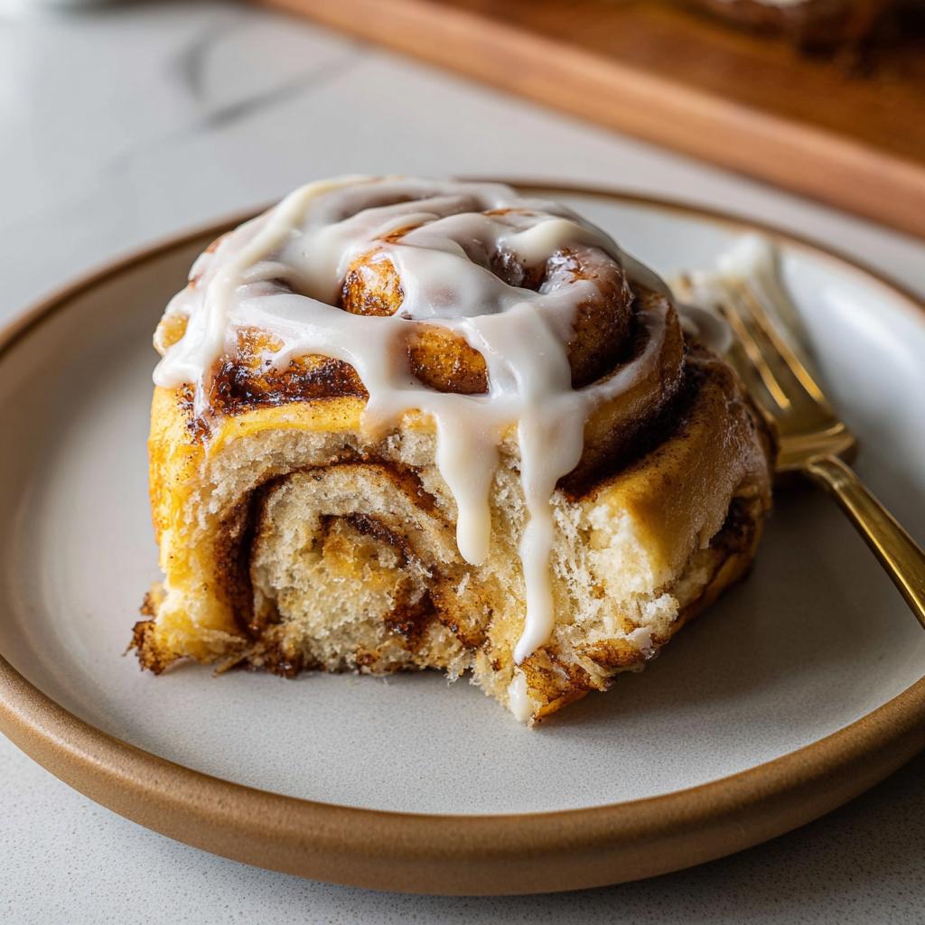 A close-up of a slice of high-protein cinnamon roll bread made with cottage cheese, drizzled with icing.