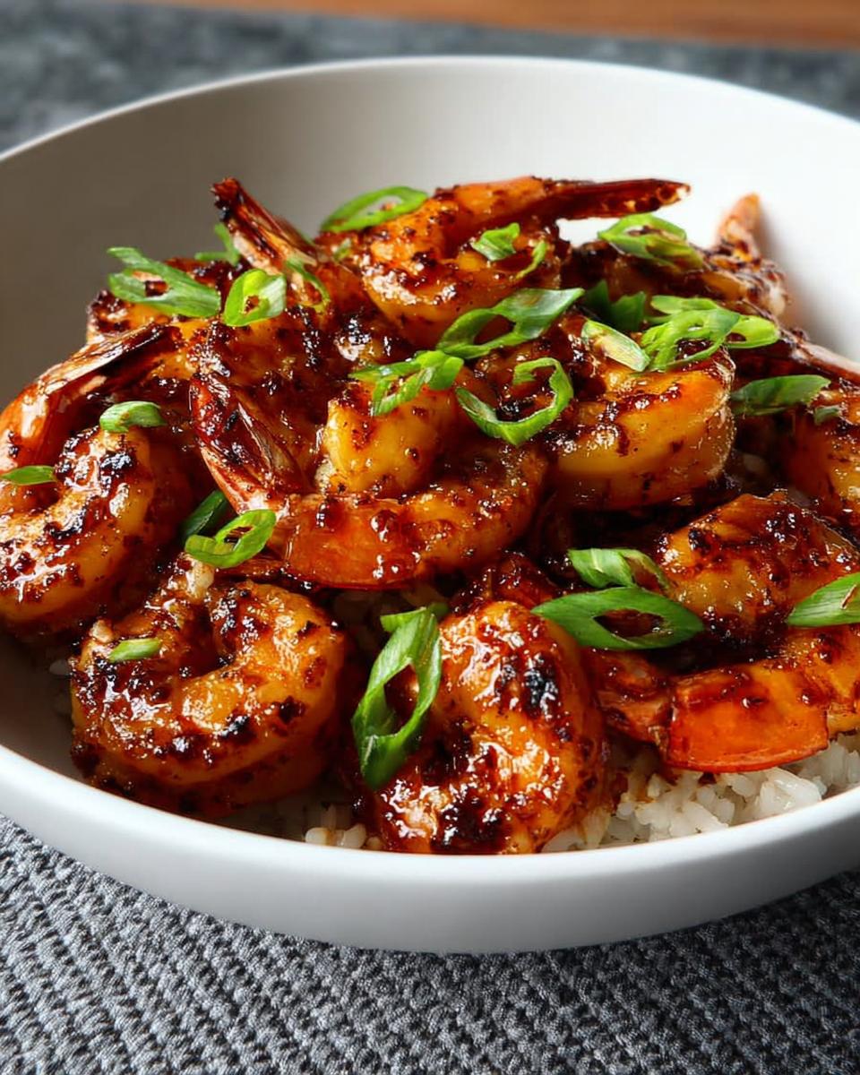 A close-up of a bowl filled with fluffy white rice and topped with glistening High-Protein Honey Garlic Shrimp, garnished with fresh green onions.