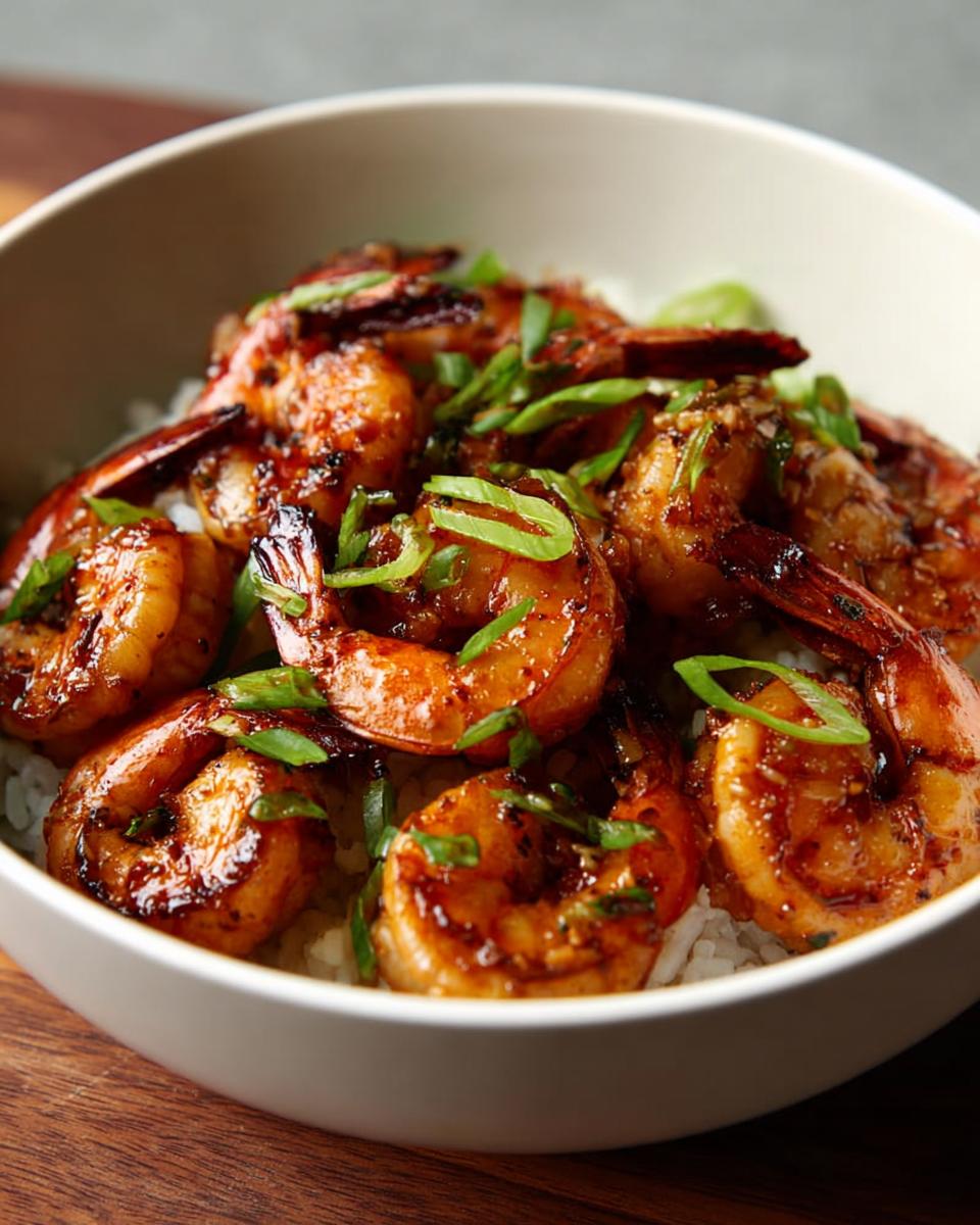 A bowl of fluffy white rice topped with glistening High-Protein Honey Garlic Shrimp and chopped green onions.