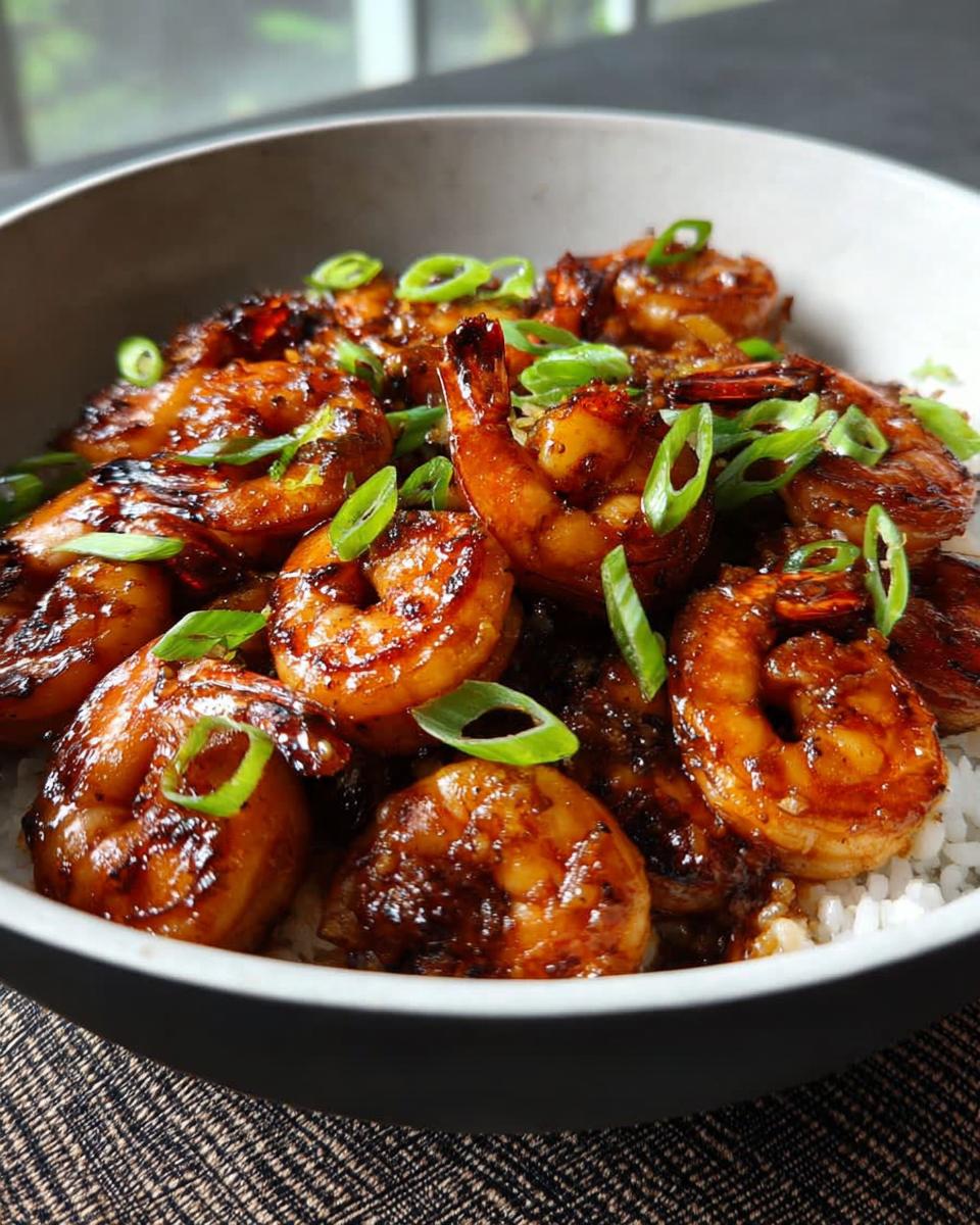 A close-up of a bowl filled with white rice topped with glistening High-Protein Honey Garlic Shrimp and chopped green onions.