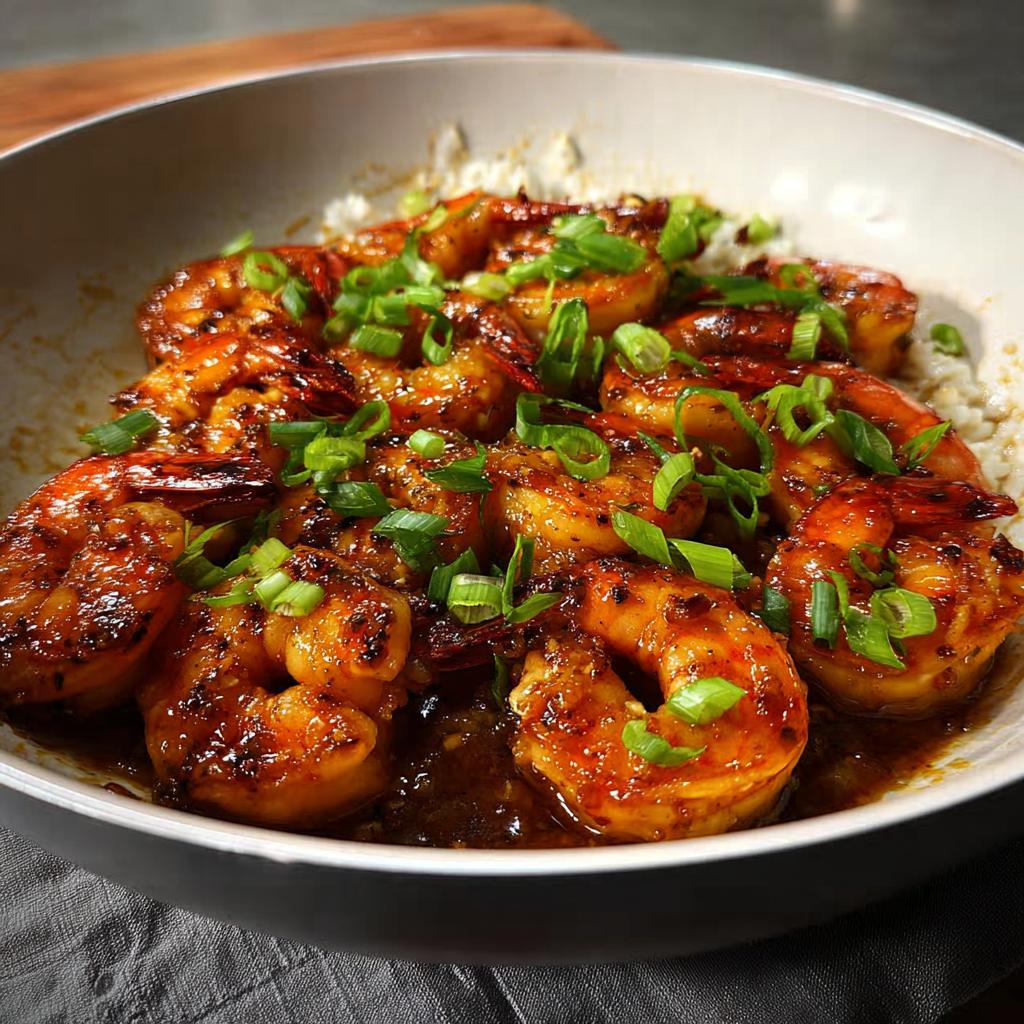 A close-up of a bowl filled with glistening High-Protein Honey Garlic Shrimp, garnished with chopped green onions.