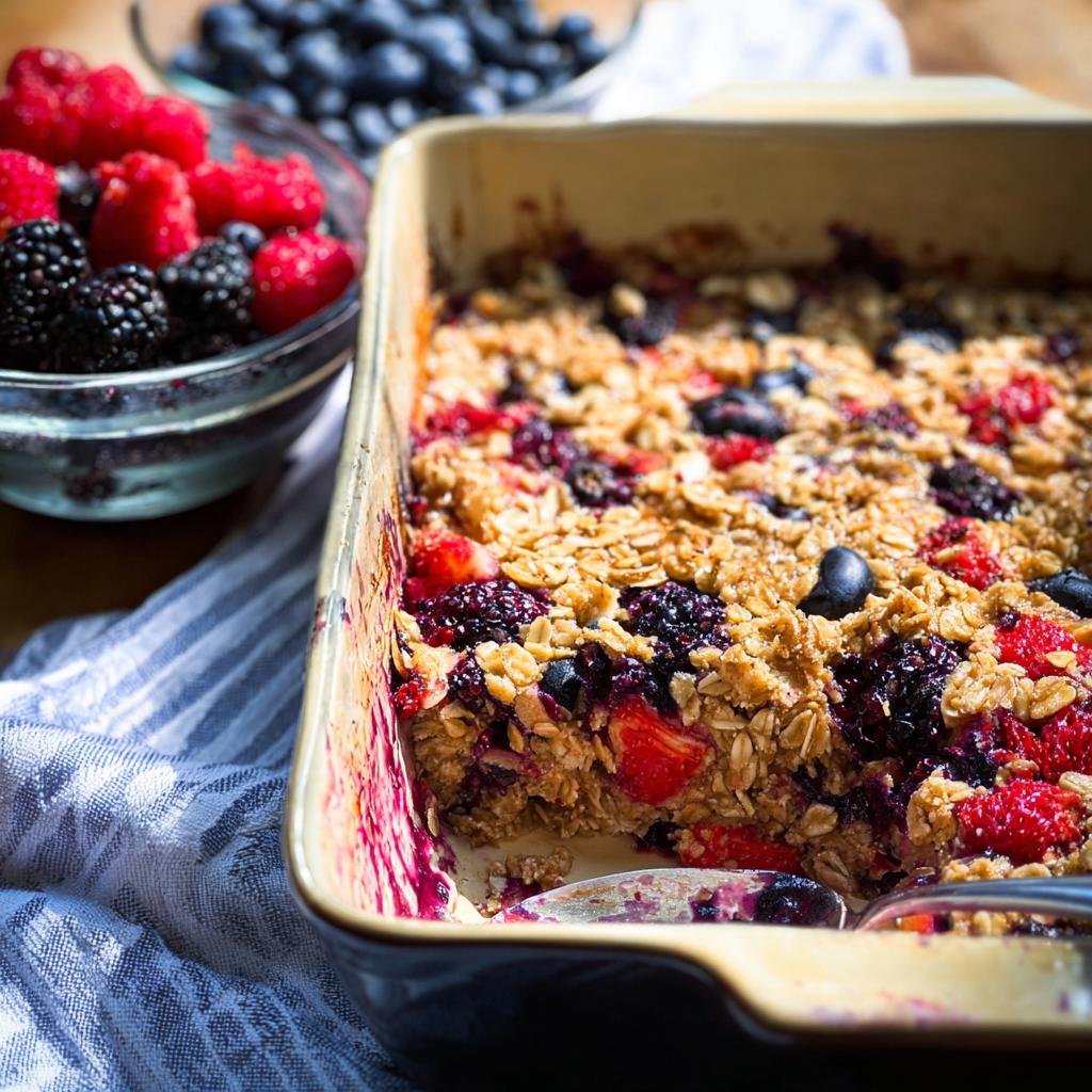 A delicious High Protein Triple Berry Bake in a baking dish, topped with oats and fresh berries.