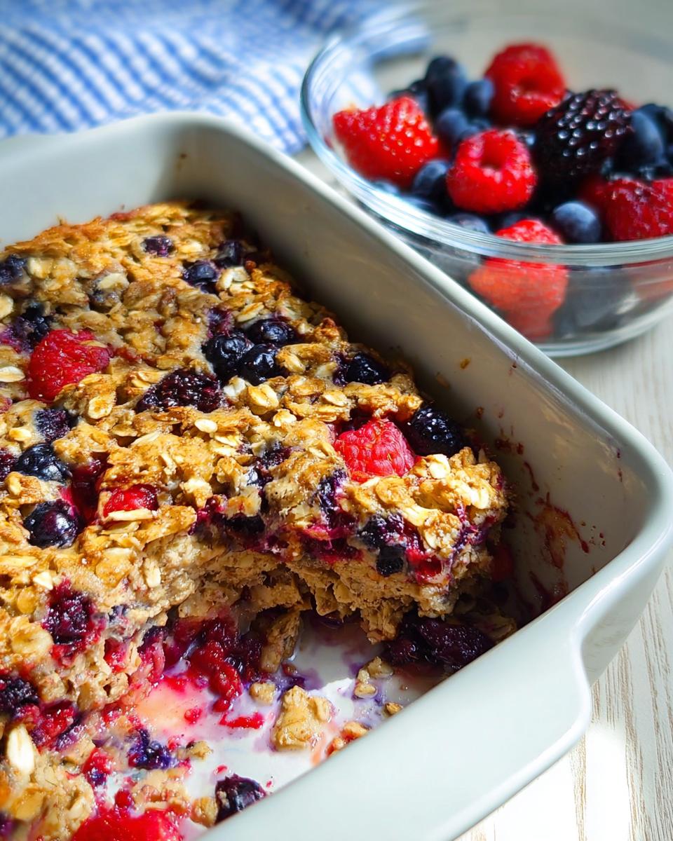 A close-up of a High Protein Triple Berry Bake in a white baking dish, with a bowl of fresh berries in the background.