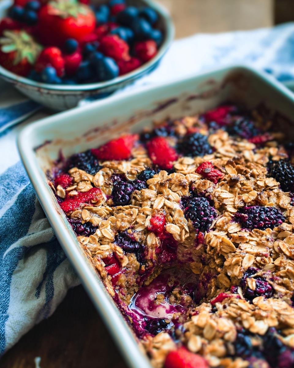 A close-up of a High Protein Triple Berry Bake in a baking dish, with visible oats and mixed berries.