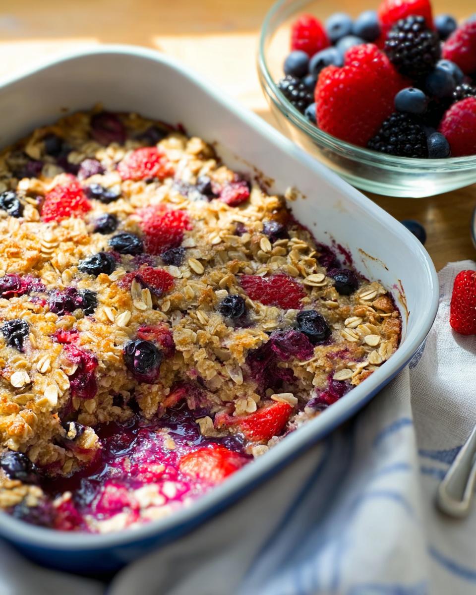 A delicious High Protein Triple Berry Bake fresh from the oven, with visible berries and oat topping.
