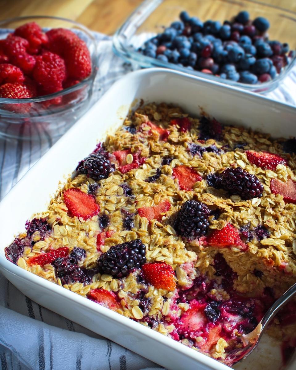 A close-up of a High Protein Triple Berry Bake in a white dish, topped with oats and fresh berries.