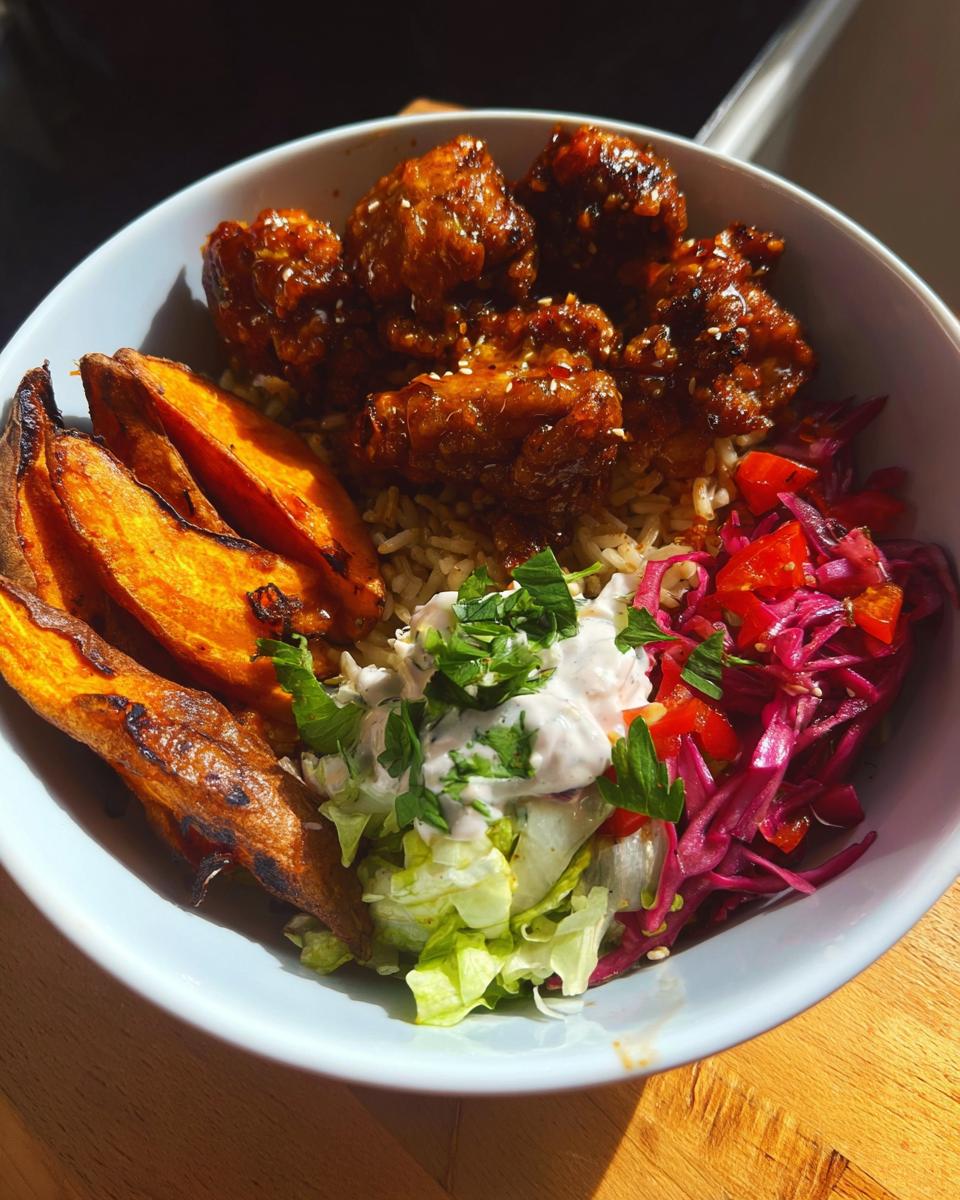 A delicious Hot Honey Chicken Bowl featuring glazed chicken pieces, rice, sweet potato wedges, and a fresh slaw, topped with creamy sauce and herbs.