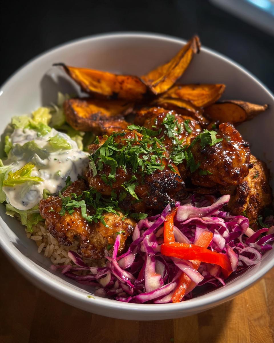A delicious Hot Honey Chicken Bowl featuring glazed chicken, sweet potato fries, rice, coleslaw, and a creamy dressing.