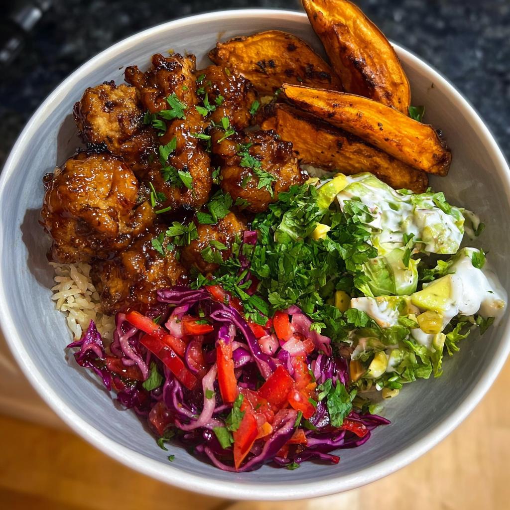 A delicious Hot Honey Chicken Bowl featuring glazed chicken, roasted sweet potato wedges, fresh slaw, and avocado salad.