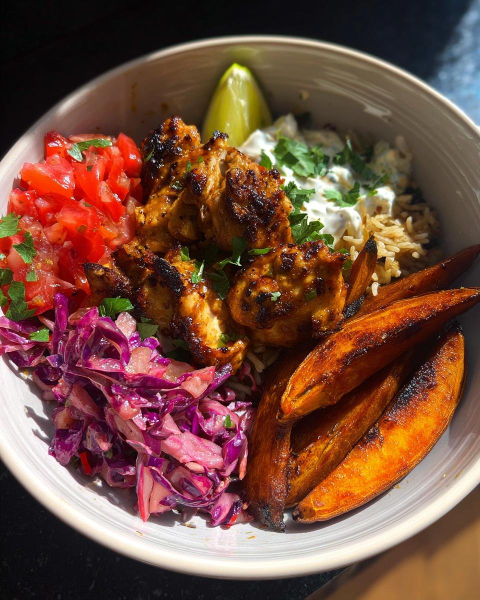 A vibrant Hot Honey Chicken Bowl featuring grilled chicken, rice, sweet potato fries, red cabbage slaw, and pico de gallo.
