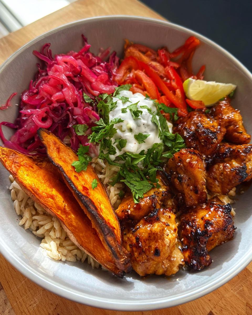 A delicious Hot Honey Chicken Bowl featuring glazed chicken, sweet potato wedges, red cabbage slaw, and rice.