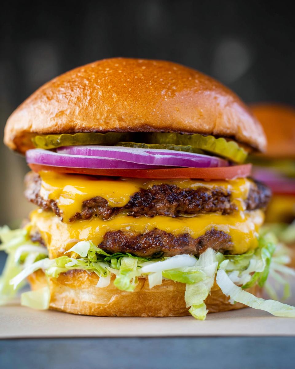 Close-up of an irresistible smash burger with two beef patties, melted cheddar cheese, fresh lettuce, tomato, red onion, and pickles.
