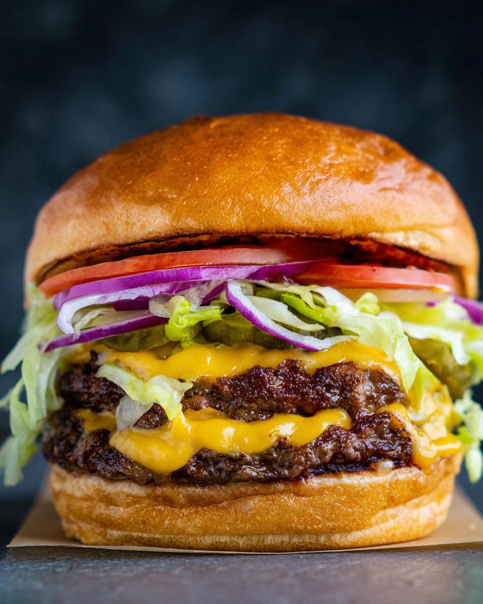 A juicy double patty smash burger with melted cheese, pickles, tomato, red onion, and lettuce on a toasted bun.