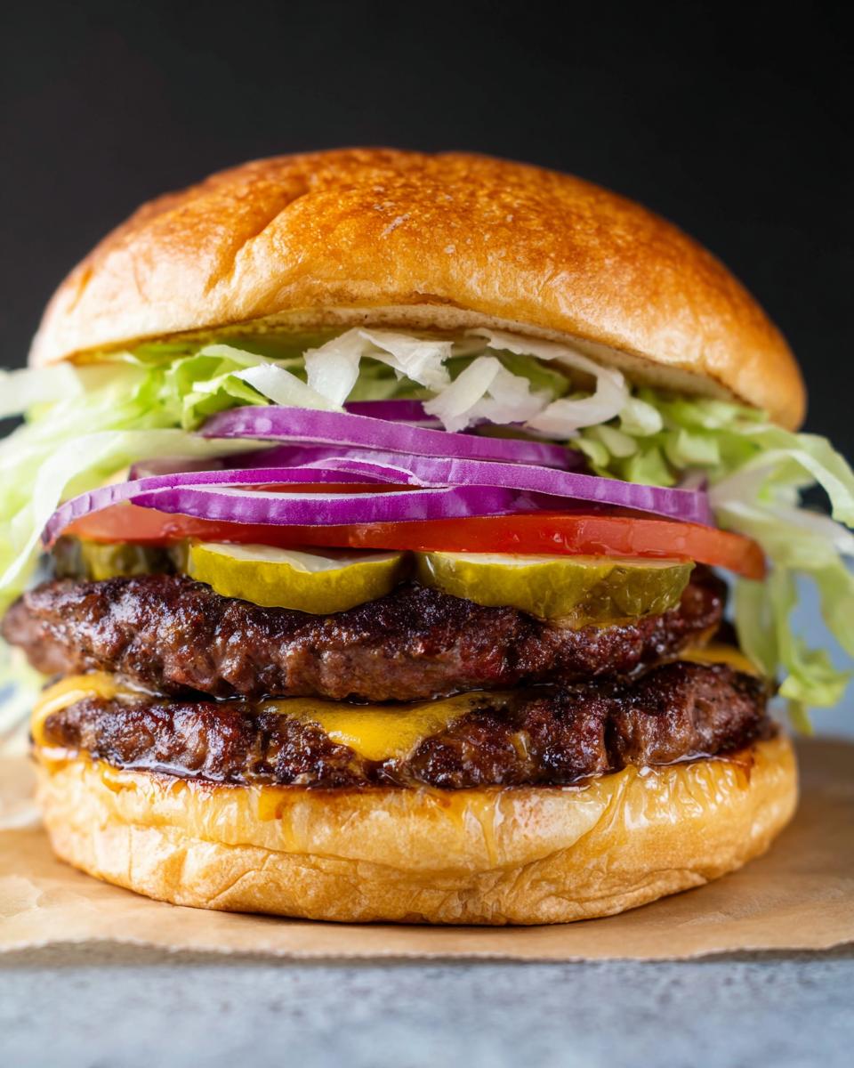 A juicy double patty smash burger with melted cheese, pickles, tomato, red onion, and lettuce on a toasted bun.