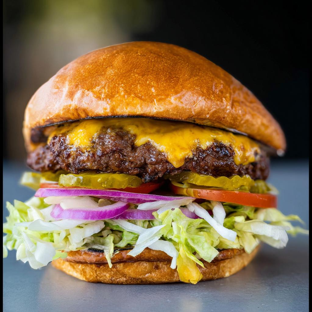 A perfectly crafted smash burger with melted cheese, fresh lettuce, tomato, onion, and pickles.