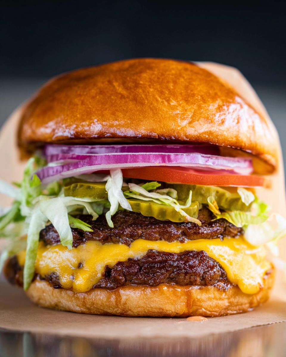 Close-up of an irresistible smash burger with double patties, melted cheese, lettuce, tomato, onion, and pickles.