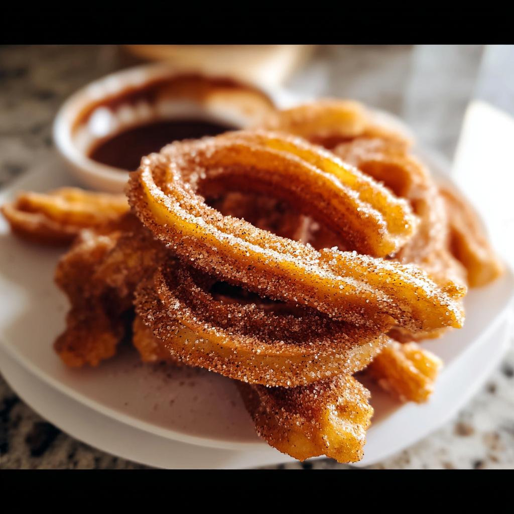 Close-up of Irresistible Spanish Churro Pancakes dusted with cinnamon sugar, served with a side of chocolate dipping sauce.