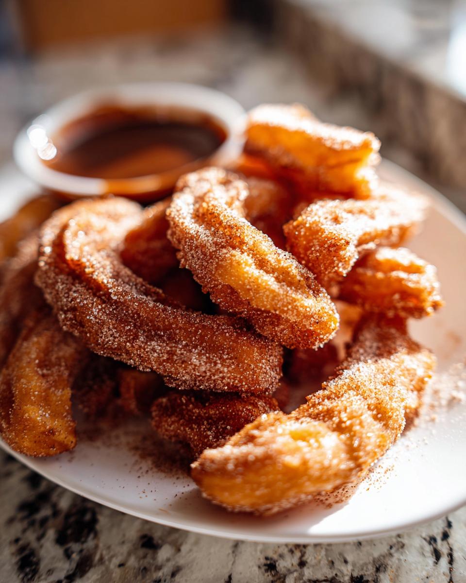 A plate piled high with golden-brown, sugar-and-cinnamon coated Irresistible Spanish Churro Pancakes, served with a side of chocolate dipping sauce.