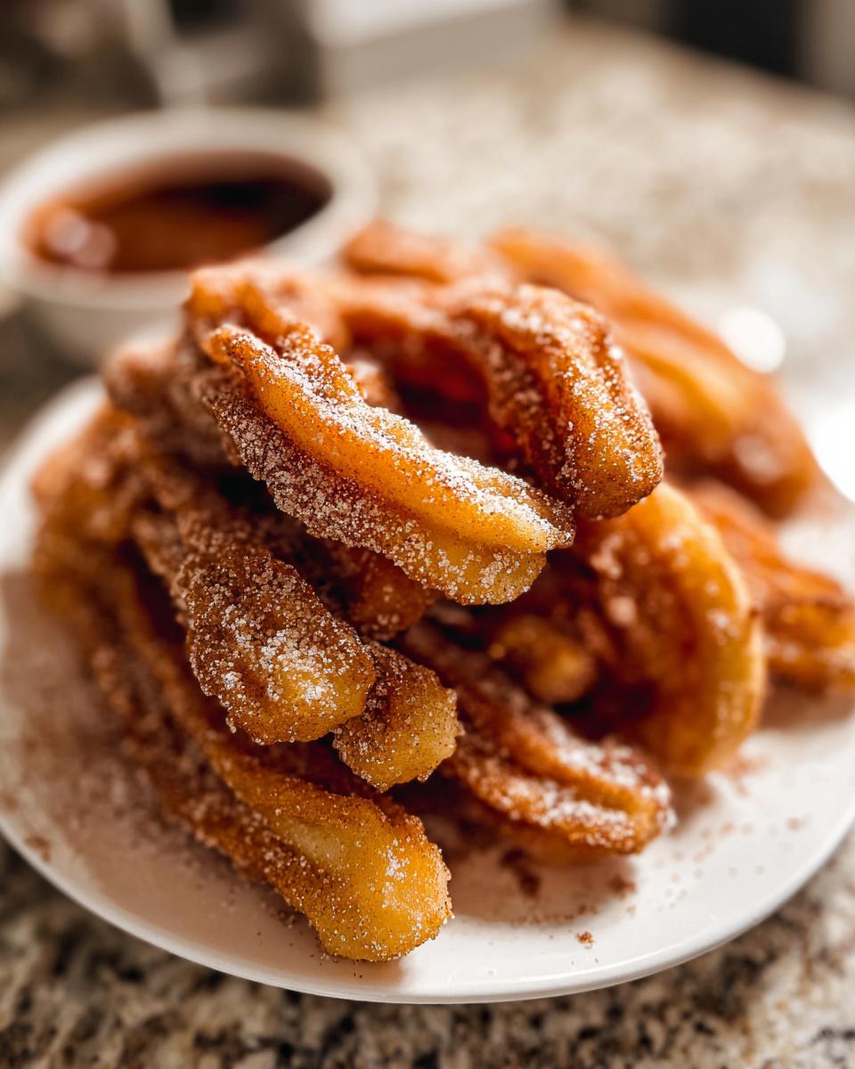 A close-up of a stack of Irresistible Spanish Churro Pancakes, coated in cinnamon sugar, with a dipping sauce in the background.
