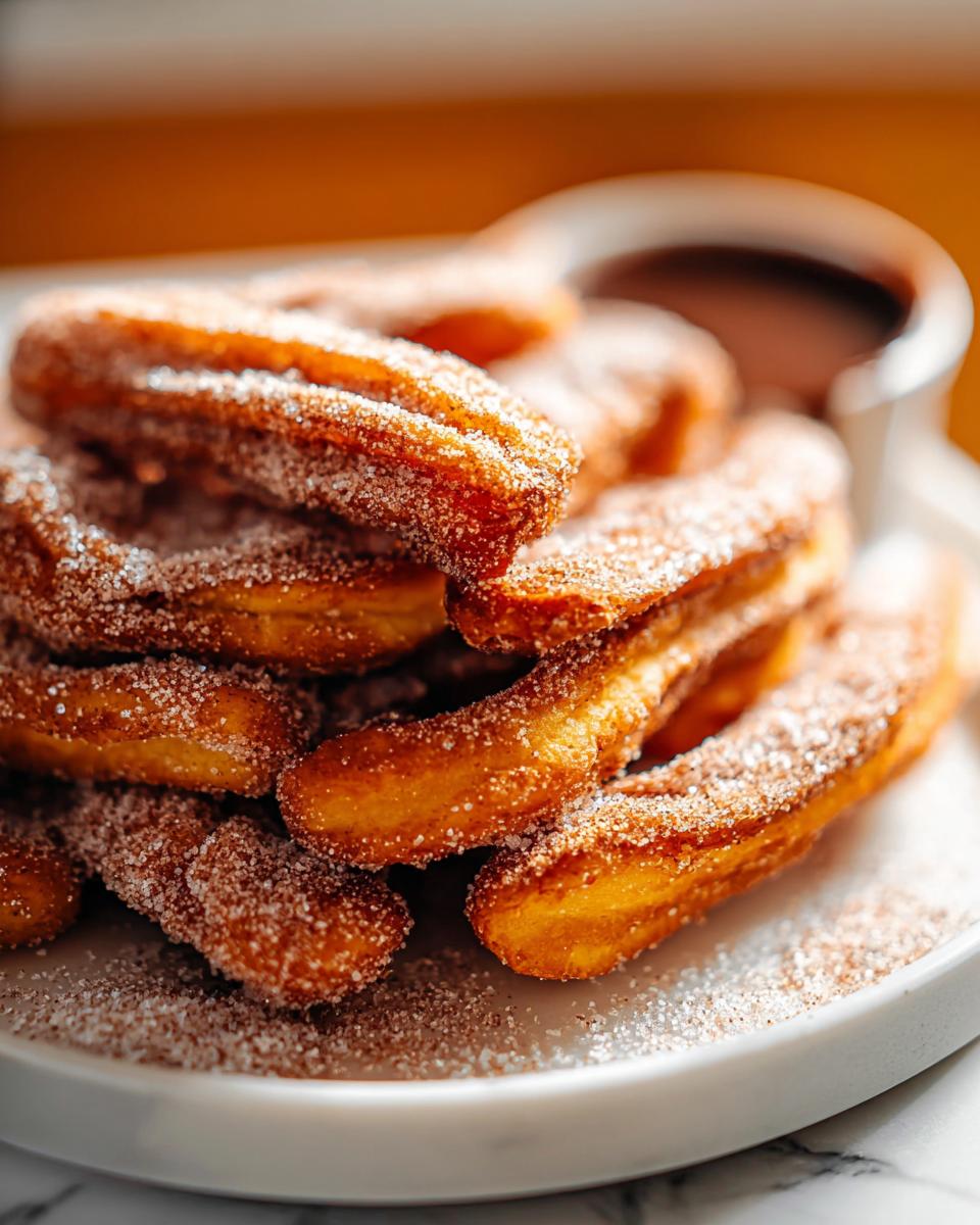 A close-up of a stack of Irresistible Spanish Churro Pancakes, coated in cinnamon sugar, with a side of chocolate sauce.