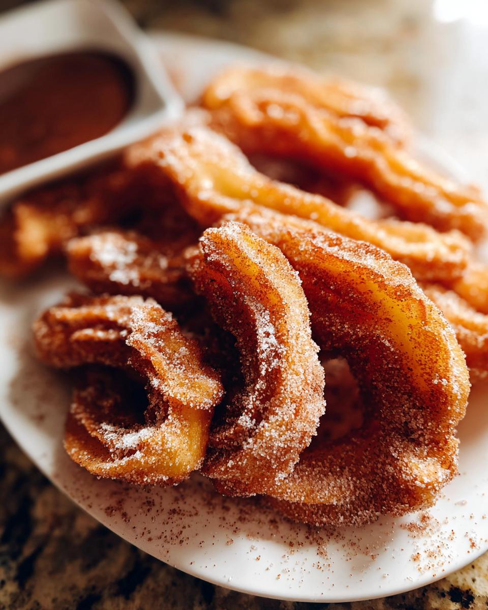 A close-up of Irresistible Spanish Churro Pancakes coated in cinnamon sugar, served with a chocolate dipping sauce.