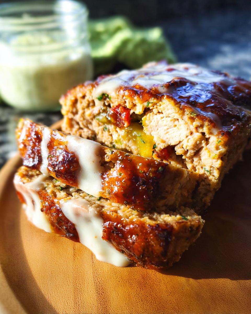 A close-up of a juicy garlic parmesan chicken meatloaf, sliced and drizzled with cheese.