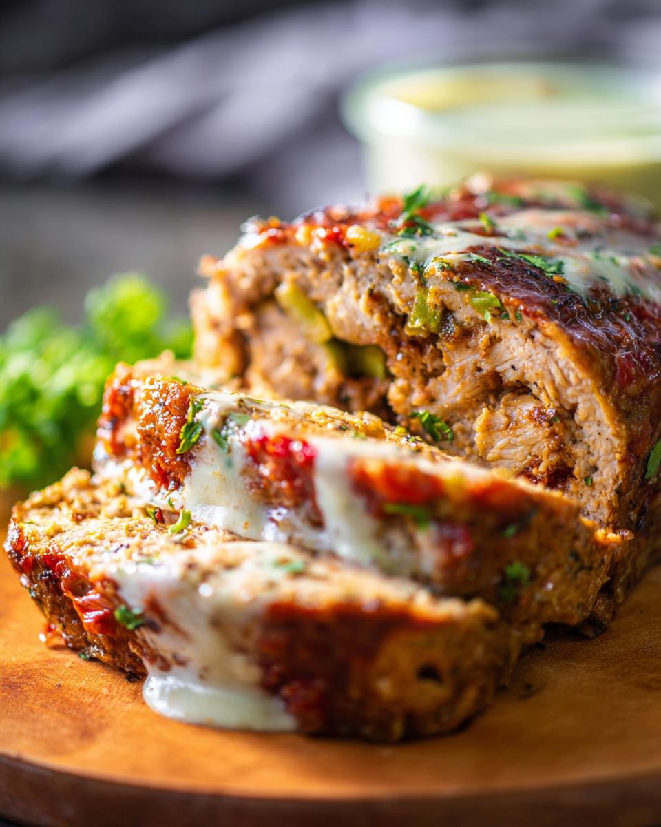 A close-up of a sliced Juicy Garlic Parmesan Chicken Meatloaf, drizzled with sauce and garnished with parsley.