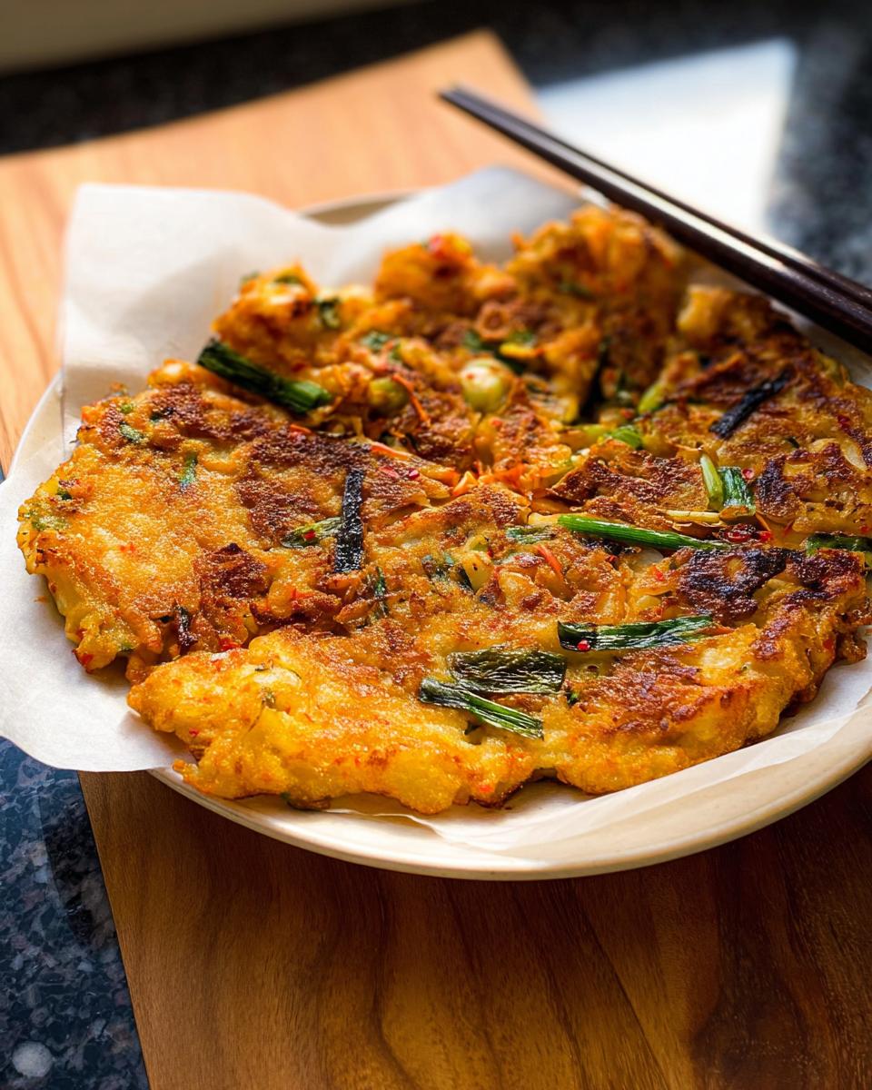 A close-up of a golden-brown Korean Pancake (Pajeon) with visible scallions and chili flakes, served on a plate with chopsticks.