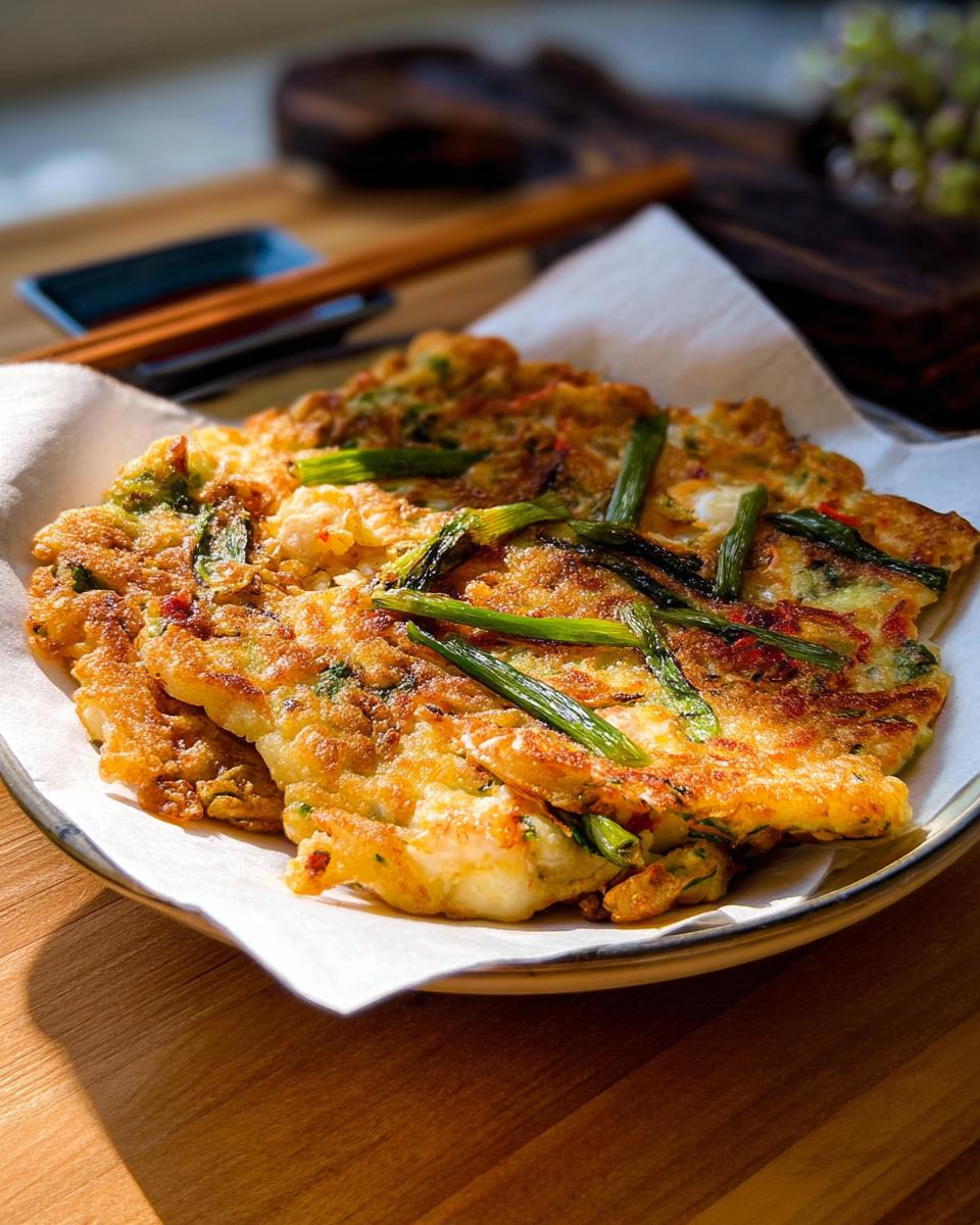 Close-up of golden-brown Korean Pancakes (Pajeon) topped with green onions, served on a plate with white paper.