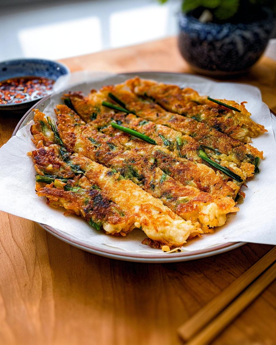 A plate of freshly cooked Korean Pancakes (Pajeon), sliced and garnished with green onions, served with a dipping sauce.