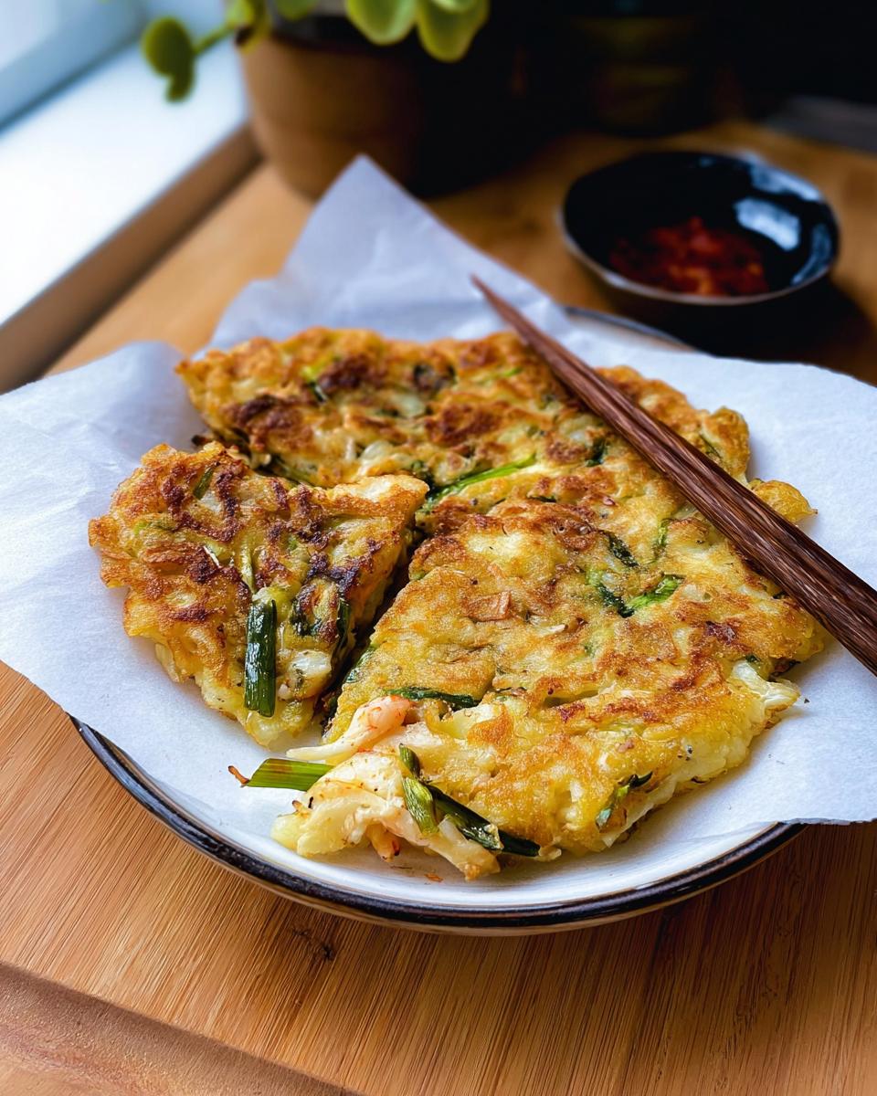 Close-up of golden-brown Korean Pancakes (Pajeon) sliced and served with chopsticks, showing scallions and shrimp.