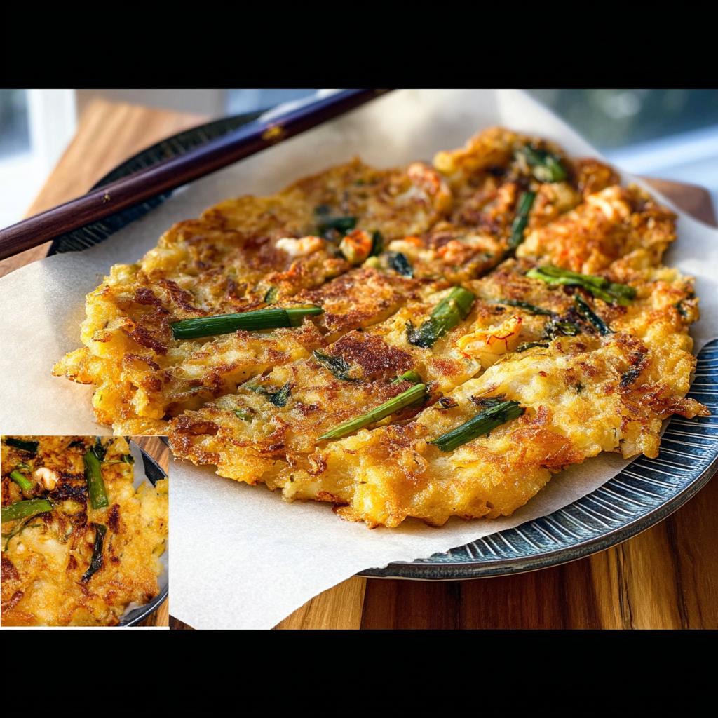 A golden-brown Korean pancake (Pajeon) topped with fresh green scallions and visible pieces of seafood.