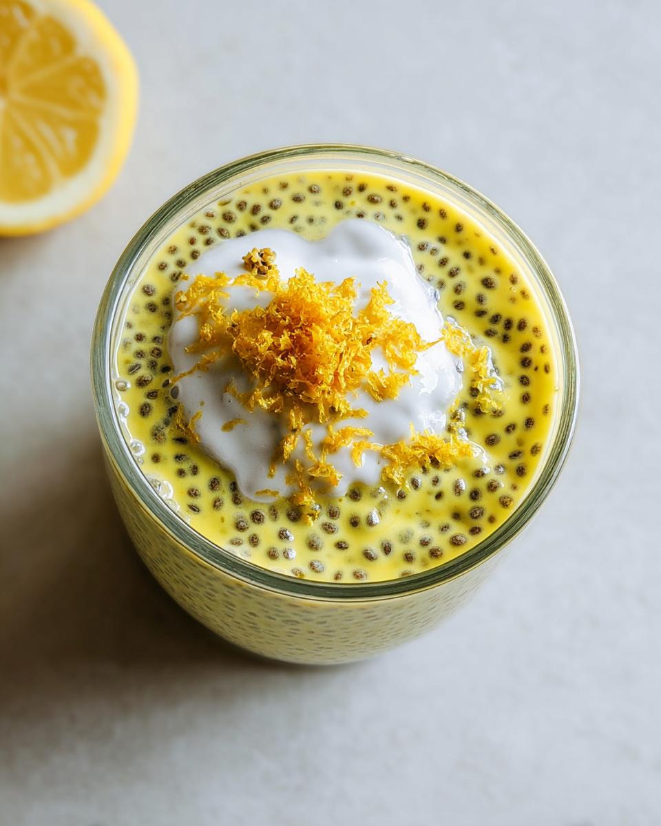 A close-up of a glass filled with vibrant yellow Lemon Cream Chia Pudding, topped with coconut cream and lemon zest.