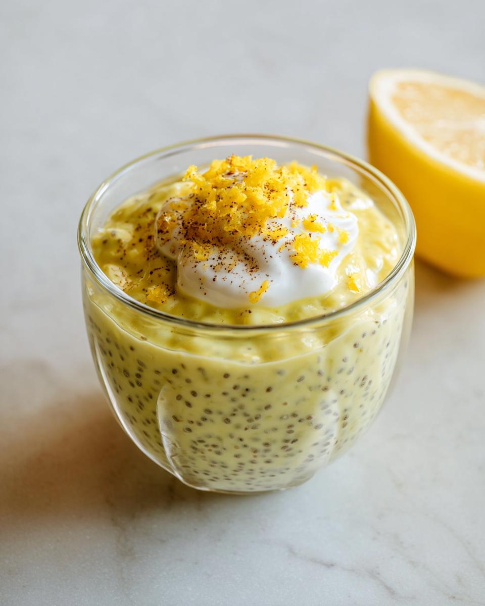 A close-up of a glass filled with creamy Lemon Cream Chia Pudding, topped with yogurt and lemon zest.