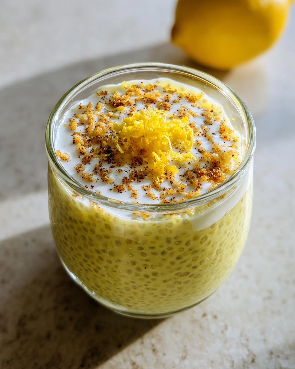 A close-up of a glass filled with creamy Lemon Cream Chia Pudding, topped with zest and spices.