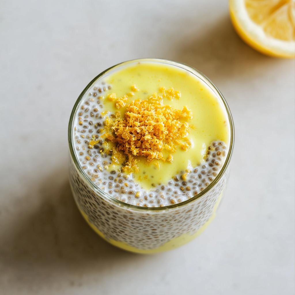A refreshing glass of Lemon Cream Chia Pudding topped with zest.