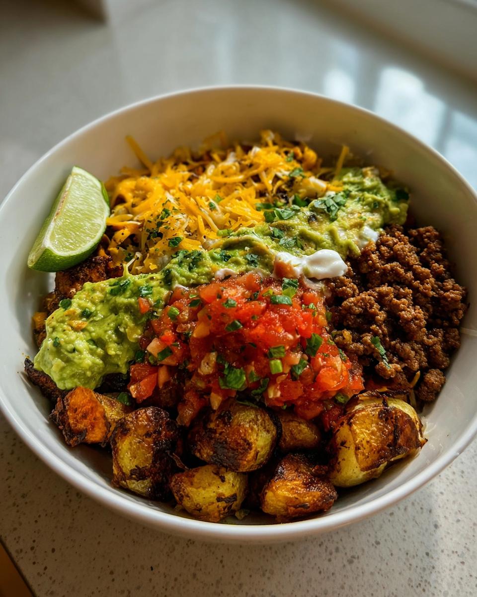 A delicious Loaded Potato Taco Bowl with roasted potatoes, seasoned ground beef, guacamole, pico de gallo, shredded cheese, and a lime wedge.