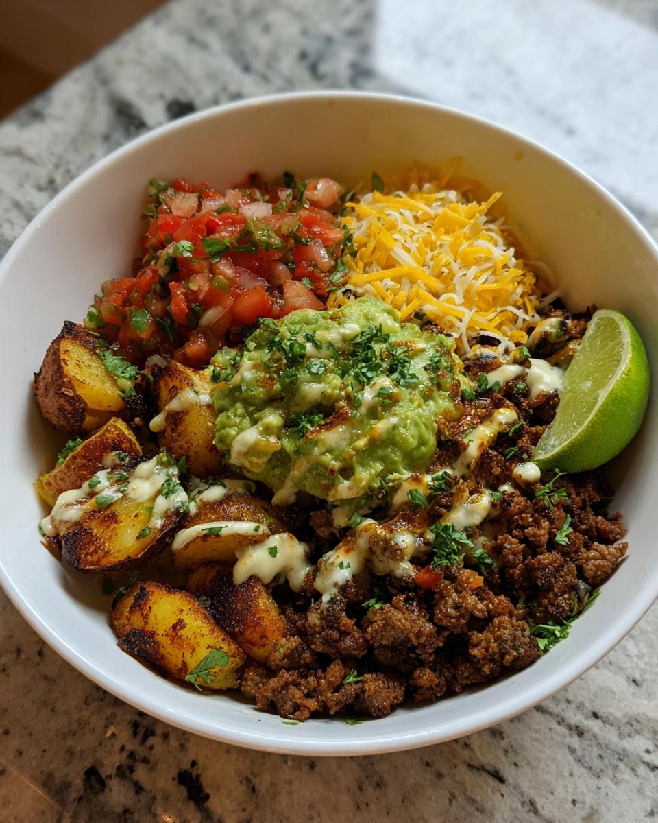 A vibrant Loaded Potato Taco Bowl filled with seasoned ground beef, roasted potatoes, guacamole, pico de gallo, shredded cheese, and a lime wedge.