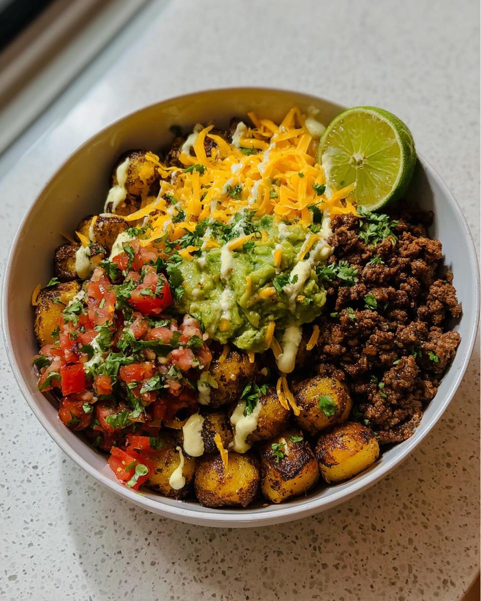 A delicious Loaded Potato Taco Bowl featuring seasoned potatoes, ground beef, pico de gallo, guacamole, cheese, and a lime wedge.