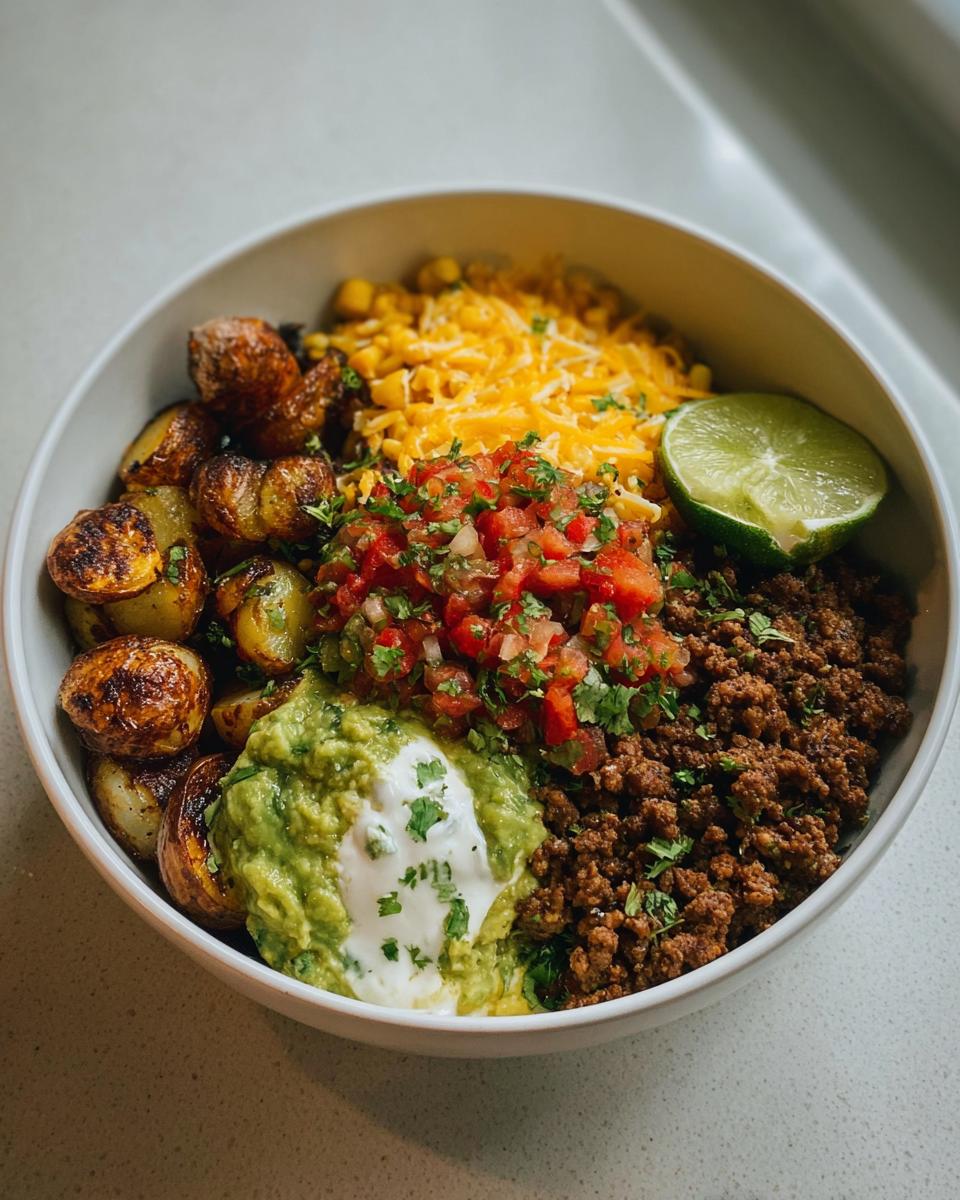 A delicious Loaded Potato Taco Bowl featuring roasted potatoes, seasoned ground beef, corn, pico de gallo, guacamole, and a lime wedge.